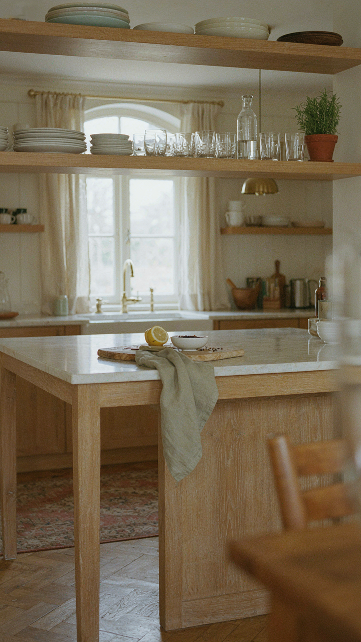 A functional french provincial kitchen with open shelving and a work island.