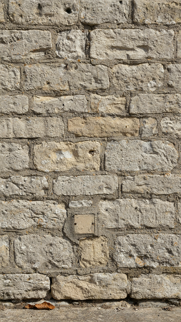 A small electrical outlet cover hidden in a stone wall, blending in perfectly.