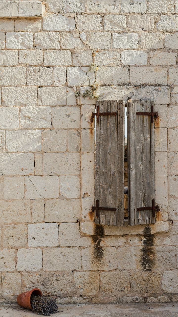 A crumbling stone wall with fake, thin shutters hanging unevenly and water damage.