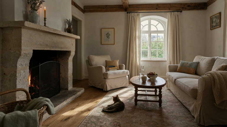 A warm french provincial living room with a stone fireplace and linen sofas.