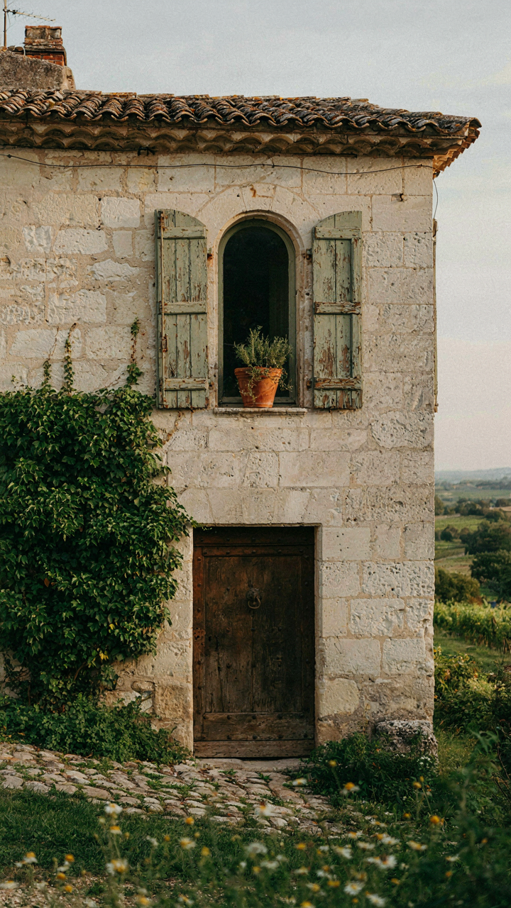 An ancient French country home exterior with ivy on stone walls and aged shutters.