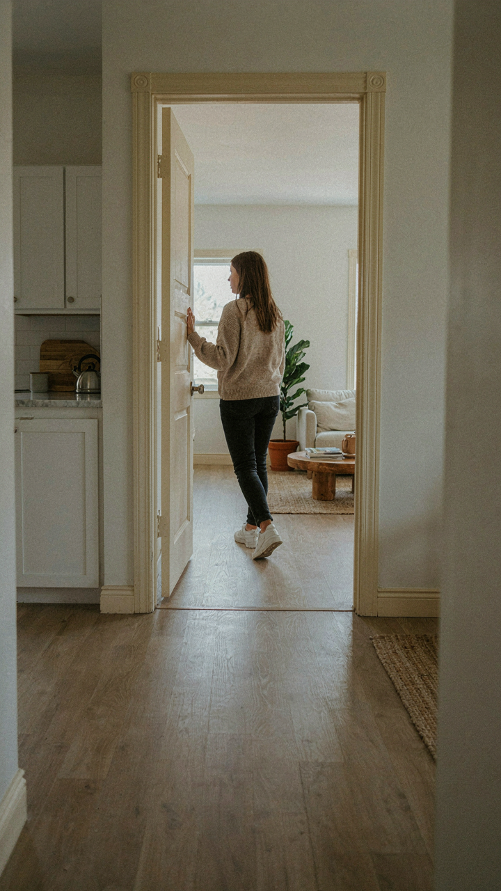 A person walks easily through an open doorway in a small, efficient home.