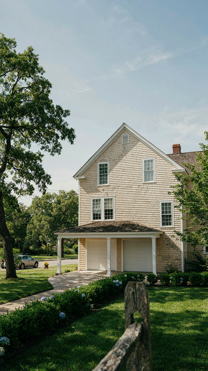 A farmhouse on a narrow lot with a front garage, porch projecting forward.