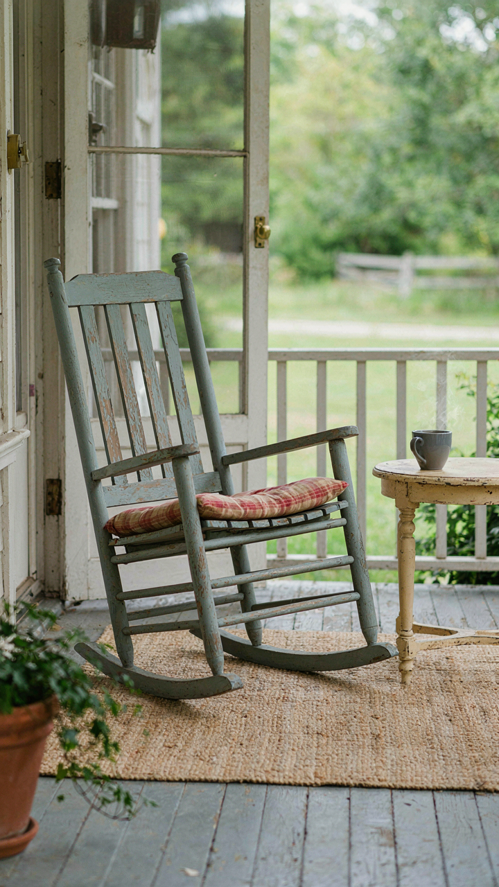 Cozy farmhouse porch with worn wooden rocking chair and a natural fiber rug.