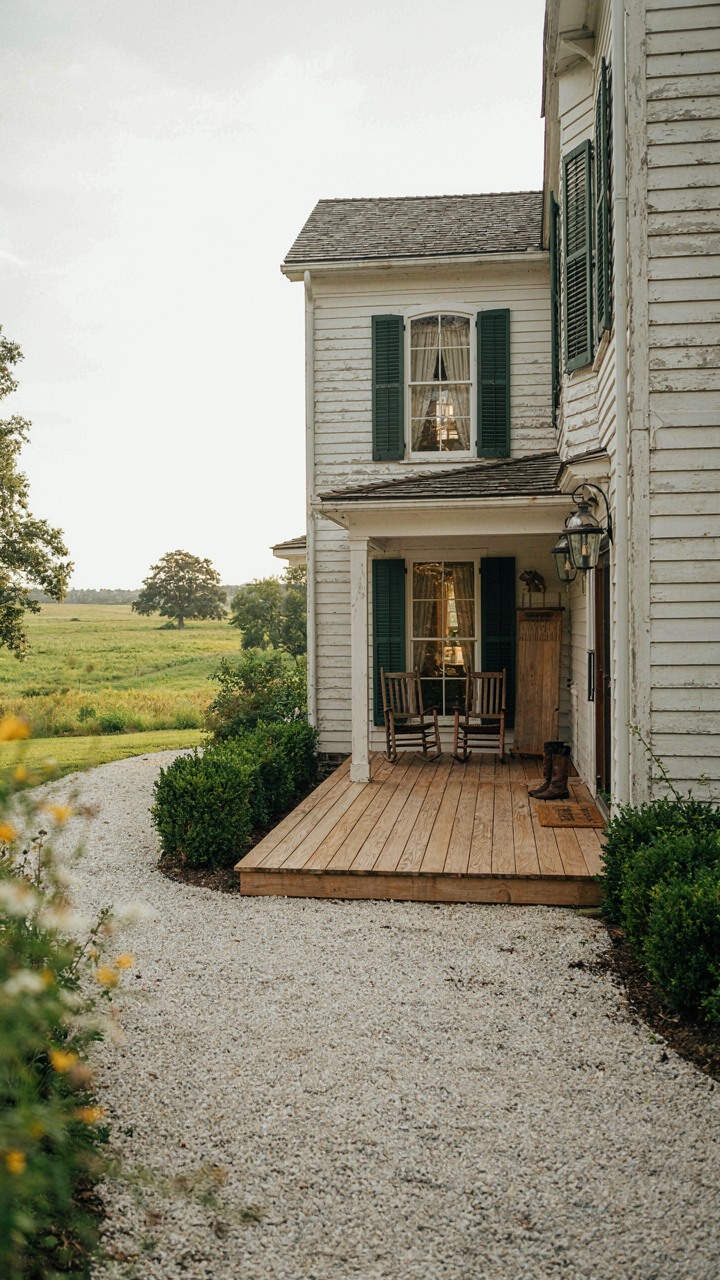 Clear path from gravel driveway to a farmhouse porch entrance with wooden flooring.