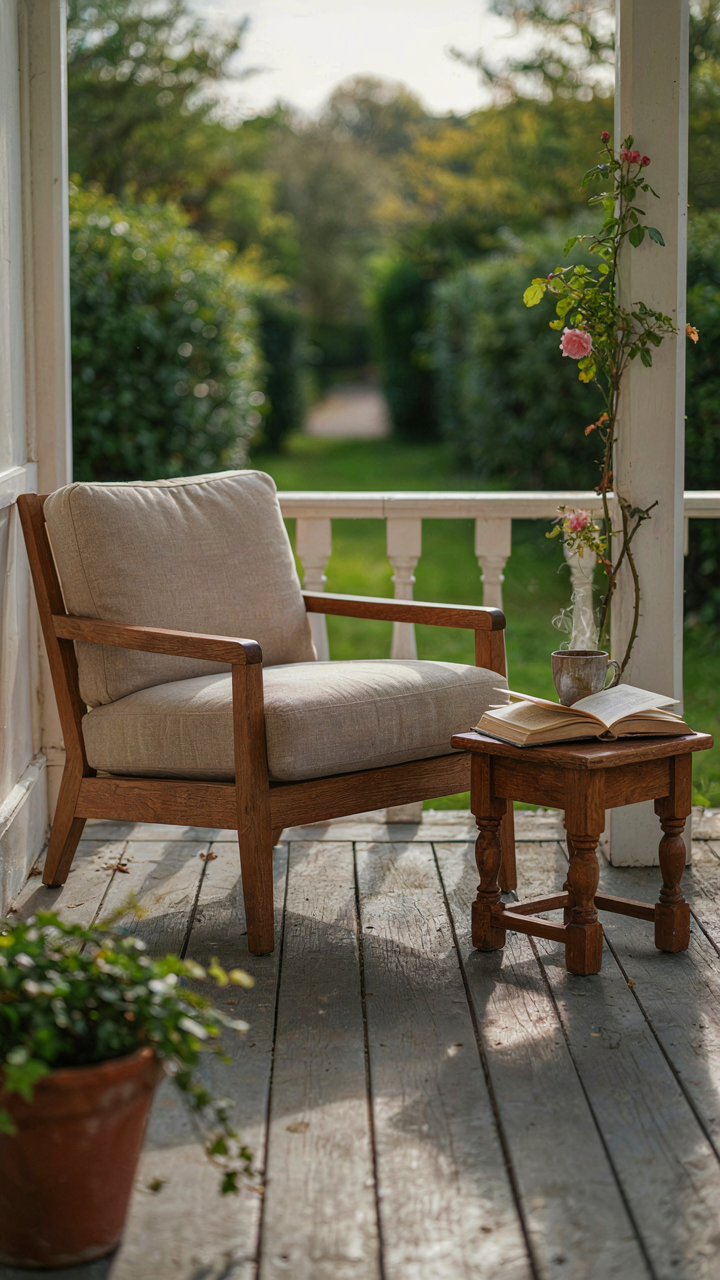 A comfortable wooden armchair and small table on a simple cottage porch.