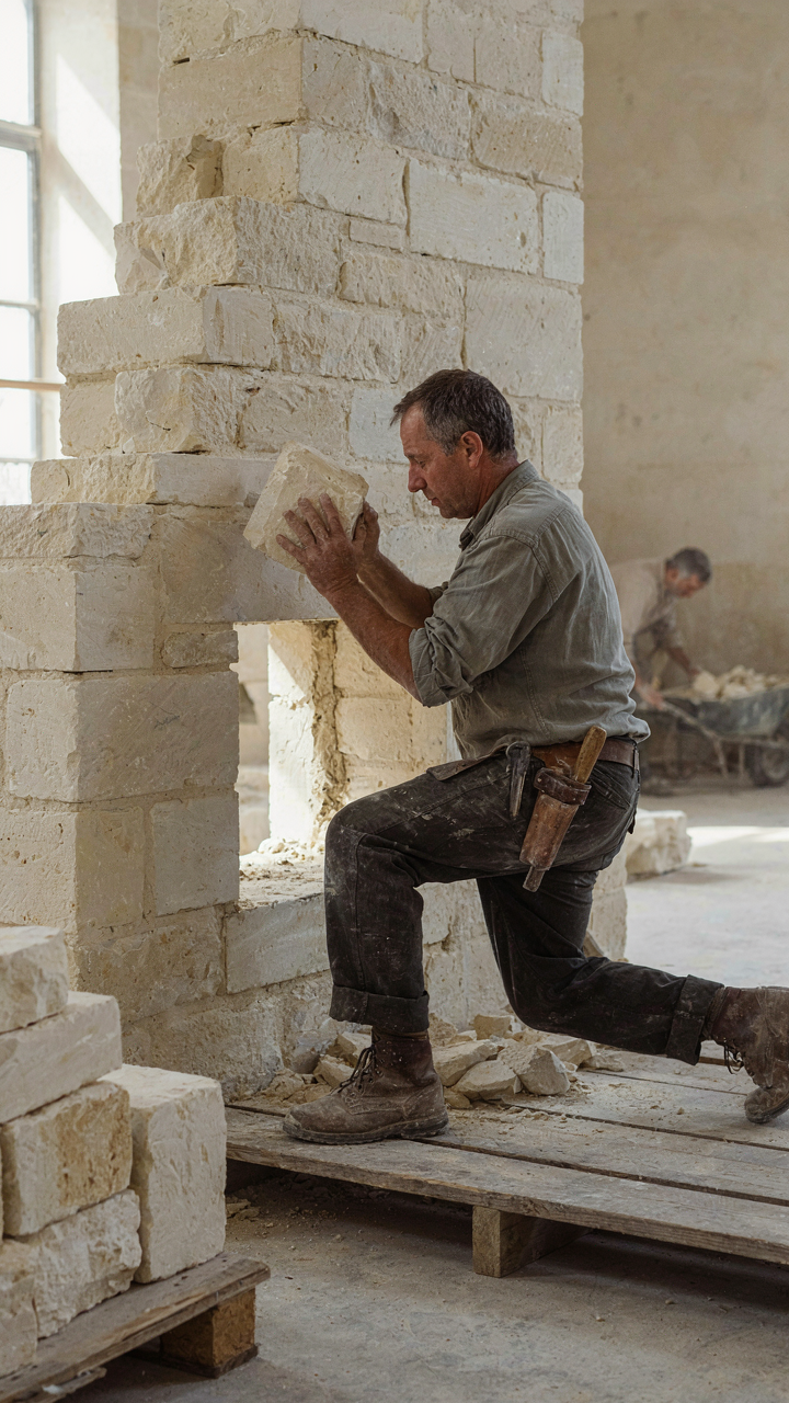 A stonemason carefully places large, heavy stones for a fireplace wall.