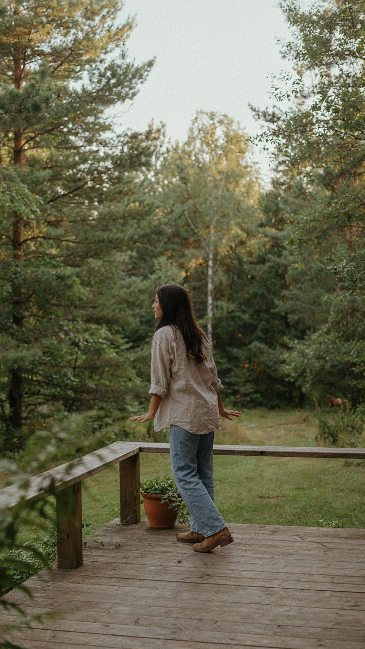 A person stands on a full wraparound porch, looking out at the forest.