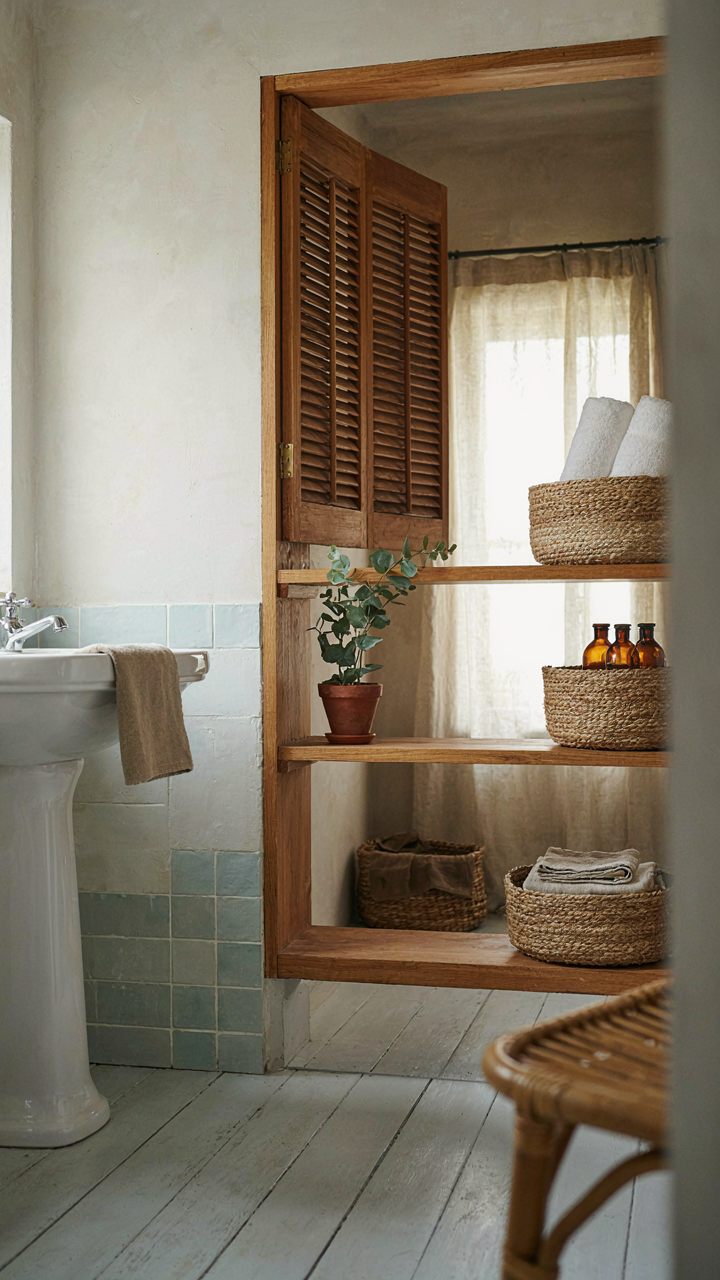 Open shelving with louvered doors and woven baskets in a coastal cottage bathroom.