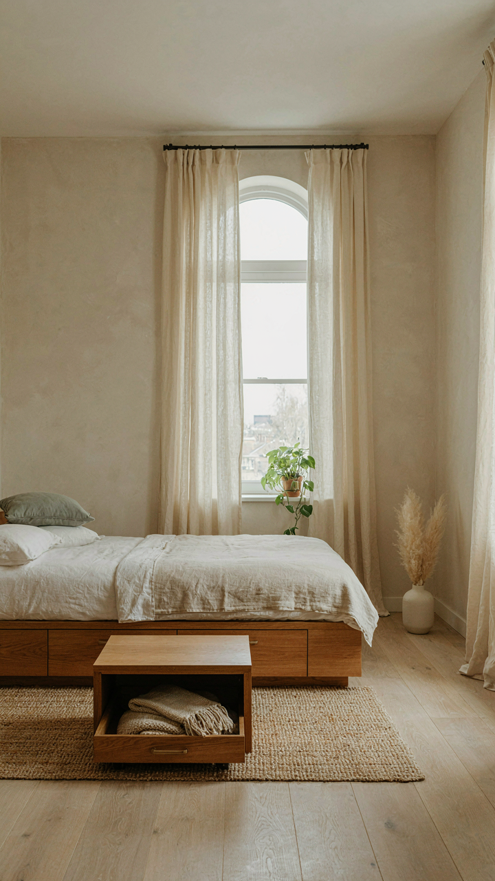 A bed frame has built-in drawers and an ottoman with storage.