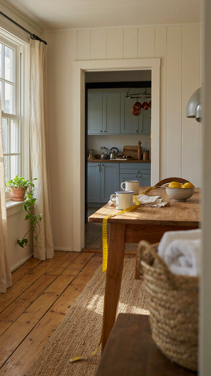 A measuring tape showing traffic flow between a dining table and kitchen.