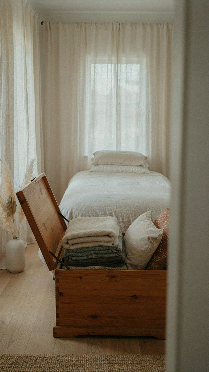 A sturdy wooden chest at the foot of a bed provides practical storage.