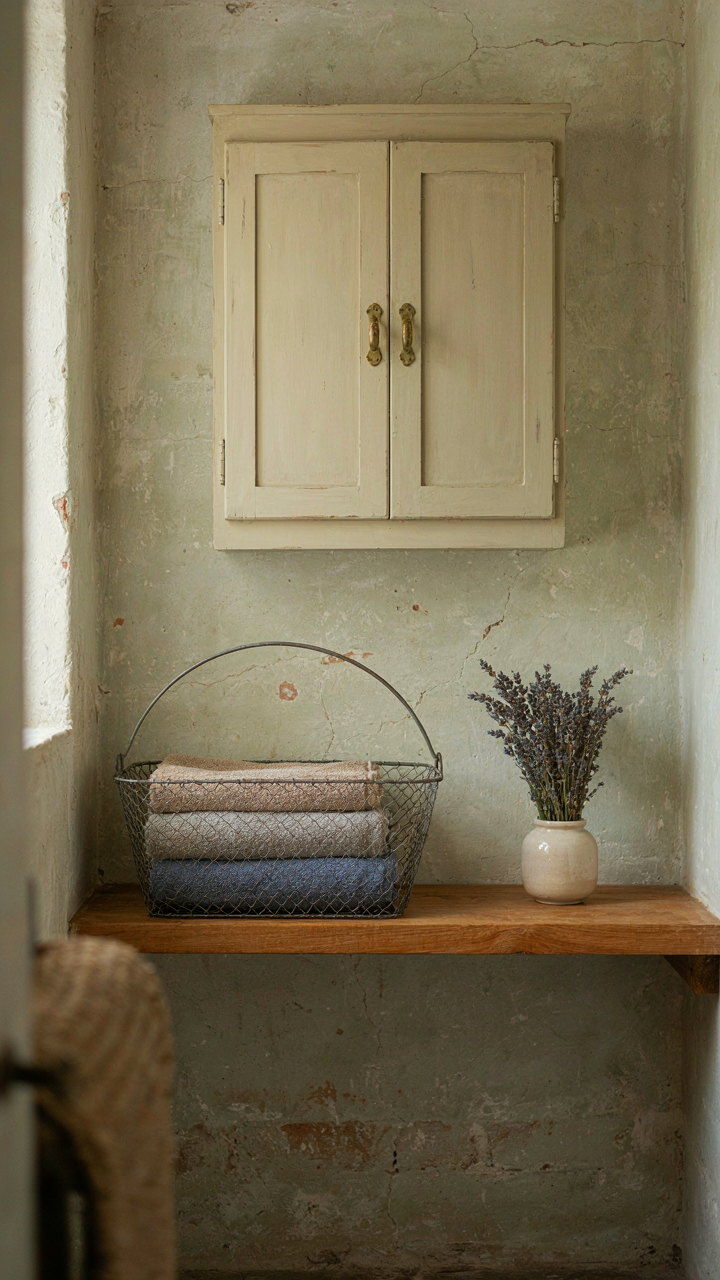 A small, wall-mounted apothecary cabinet blends into a distressed plaster wall.