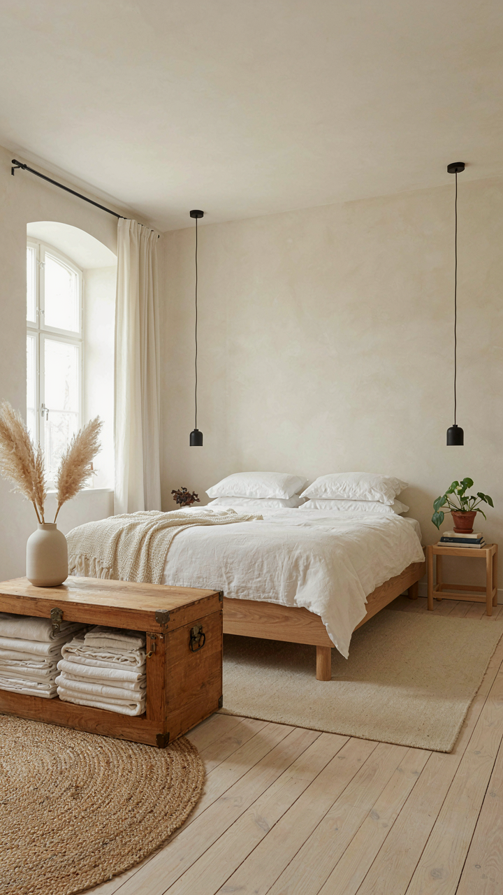 A large wooden trunk at the foot of a bed, neatly filled with white linen blankets.