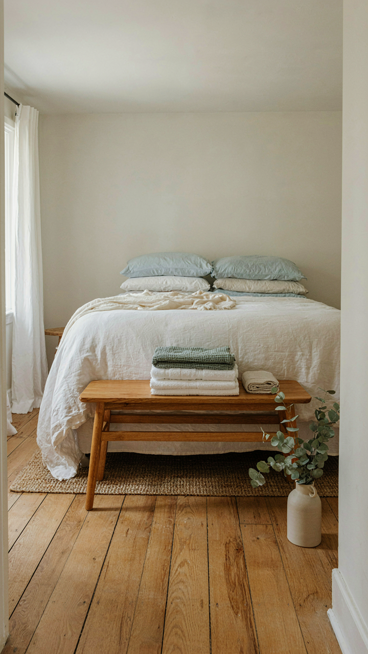 A low wooden bench serves as seating and storage at a bed's foot.