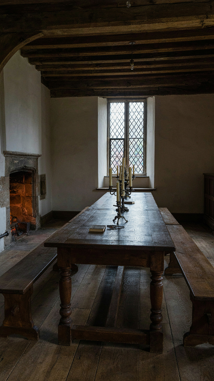 A substantial, heavy dark oak table with thick legs sits in a Tudor room.