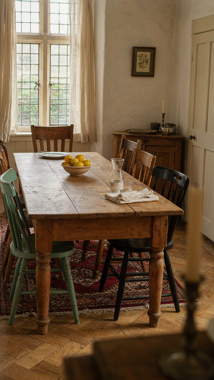 An old, well-worn oak farmhouse table with knife marks and stains.