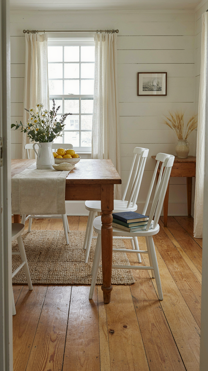 A solid wood farmhouse table with white spindle-back chairs.