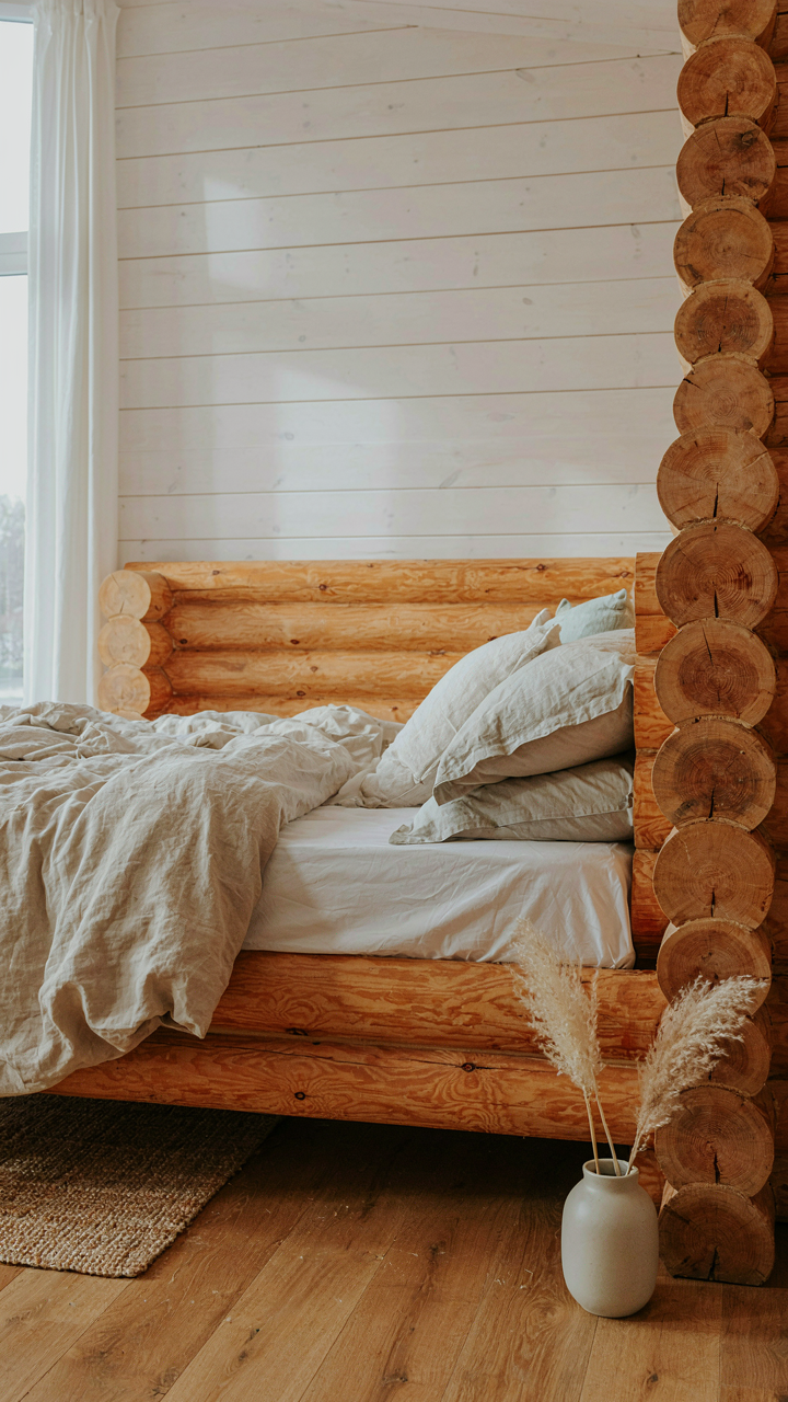 A sturdy log cabin bed frame with a natural wooden headboard.