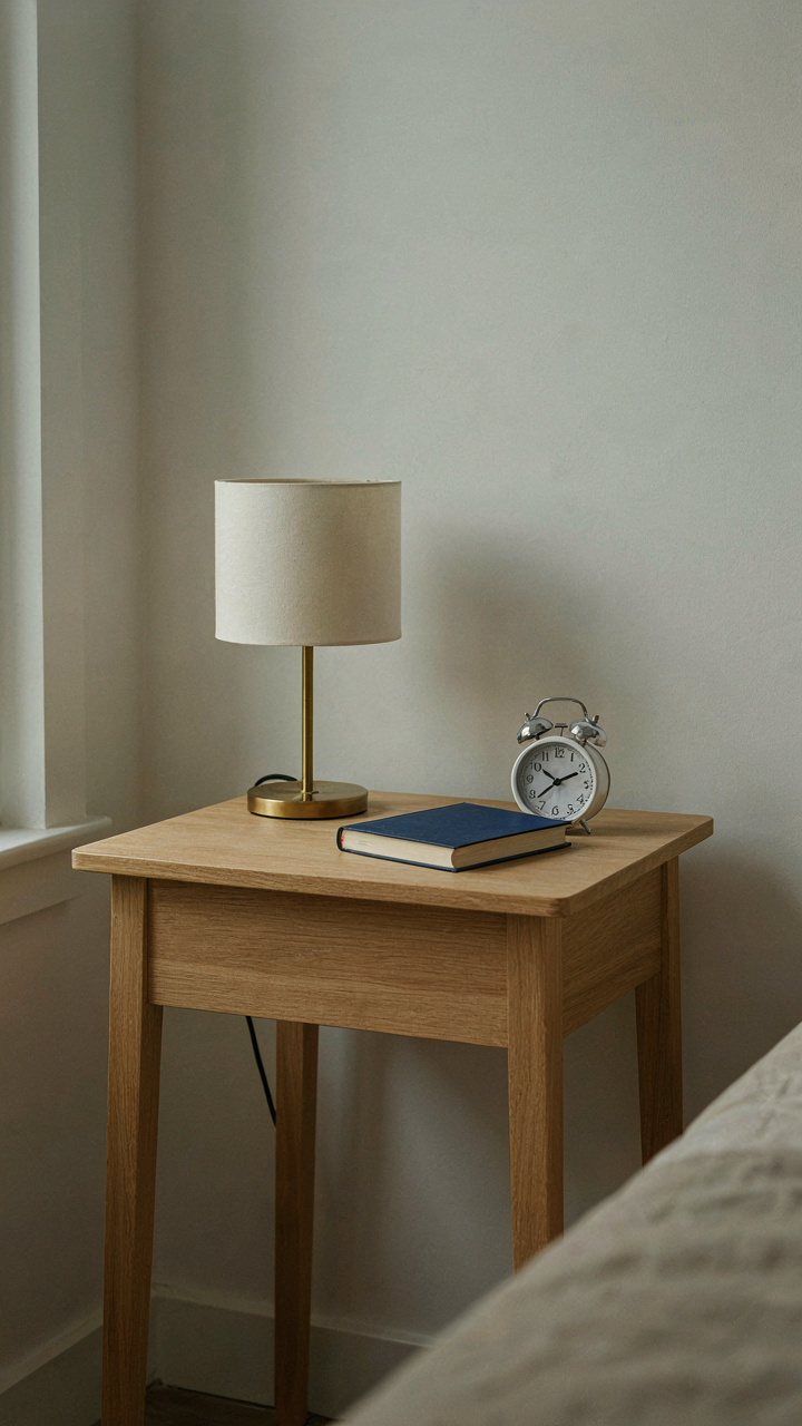 A functional wooden nightstand with a lamp, a book, and an alarm clock.