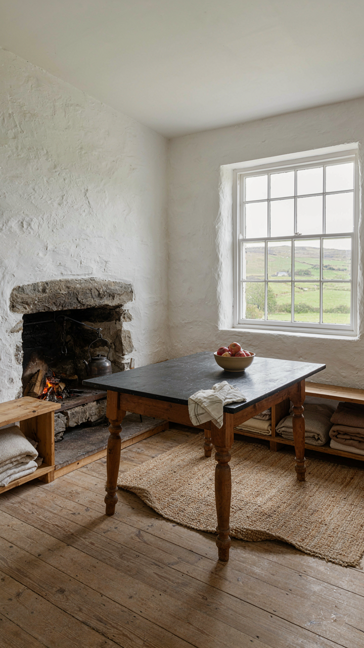 A functional scottish cottage interior with a slate table and wooden benches.