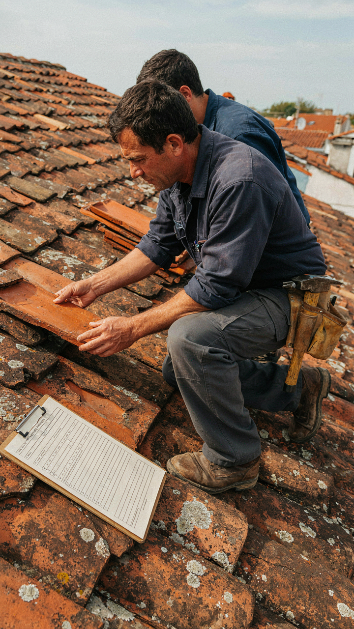 A roofer replaces a single cracked clay tile on a steep roof.