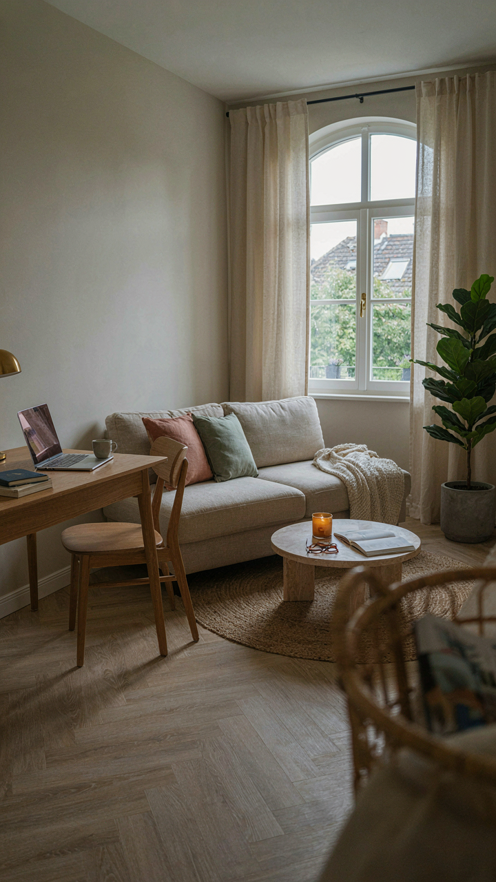 A modern living room with a small, integrated desk for flexible use.