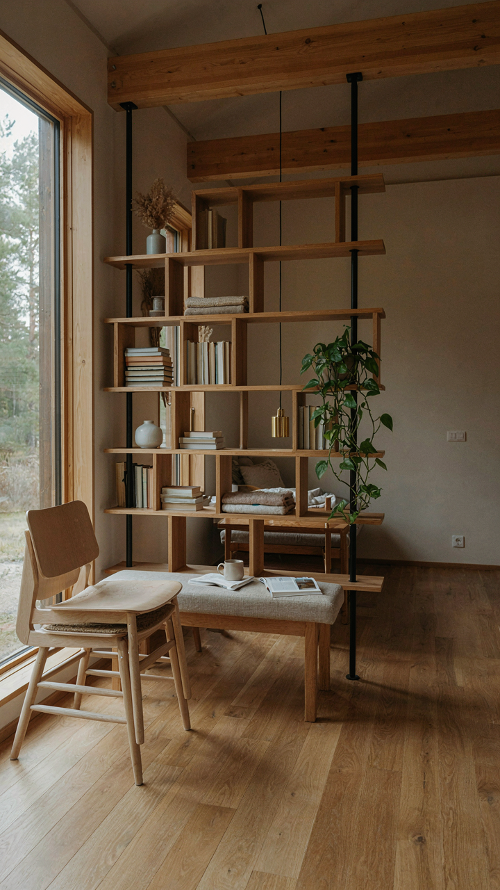 A cabin loft shows modular shelving and movable chairs for adaptable space.