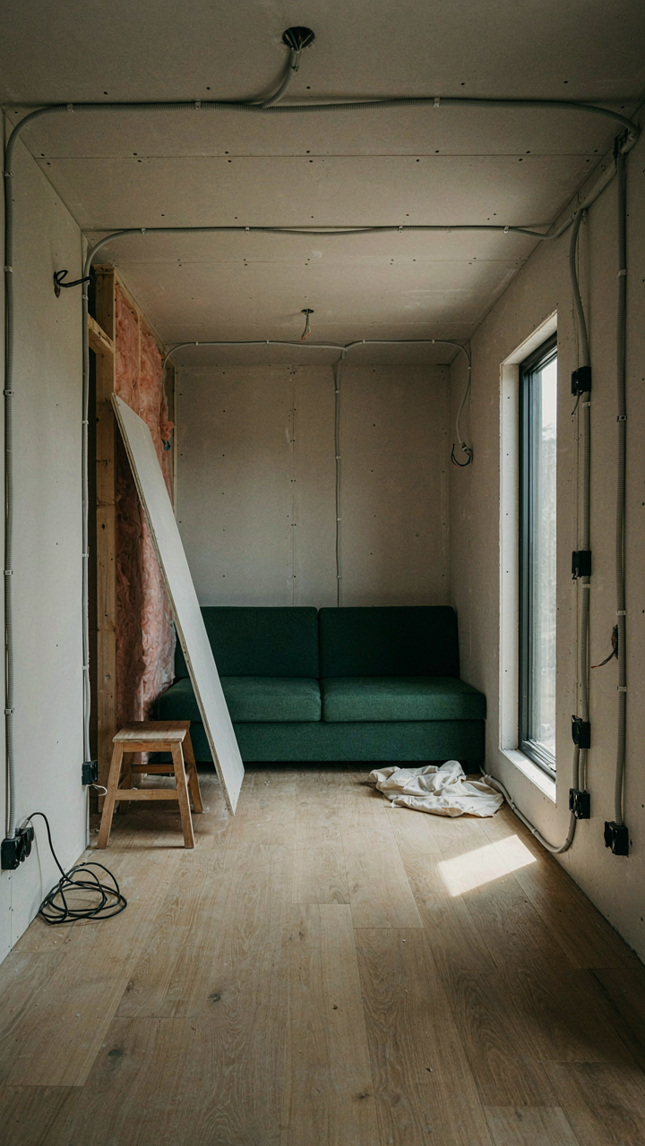 A modular tiny cabin interior shows removable wall panels and visible conduit runs.