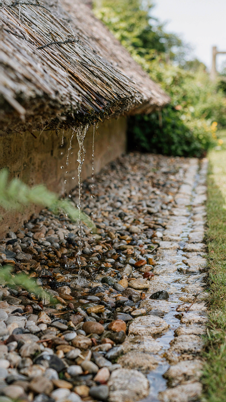Water draining from a thatched roof into a gravel path.
