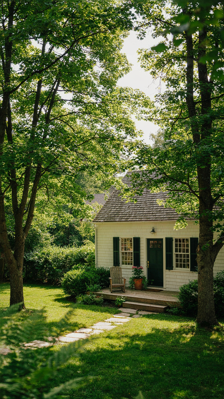 A backyard cottage is hidden behind mature trees and shrubs.