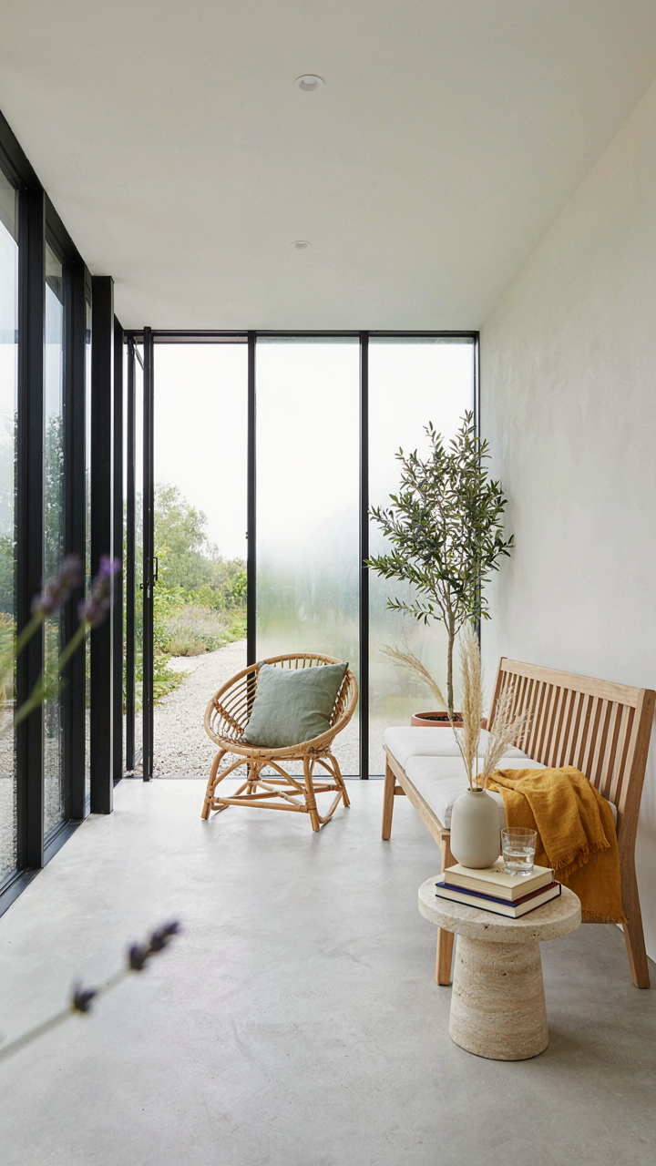 A scandinavian guest house veranda with concrete floor extending to a gravel path.