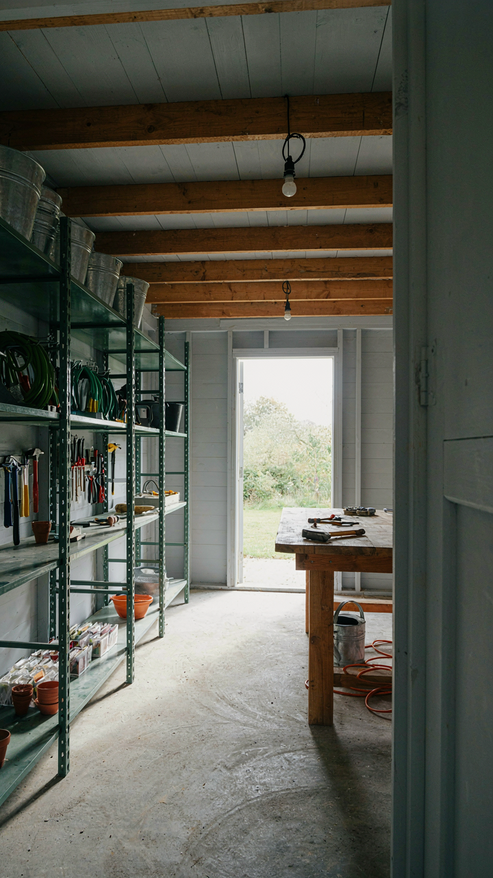 An organized garden shed interior with industrial steel shelving and a wooden workbench.