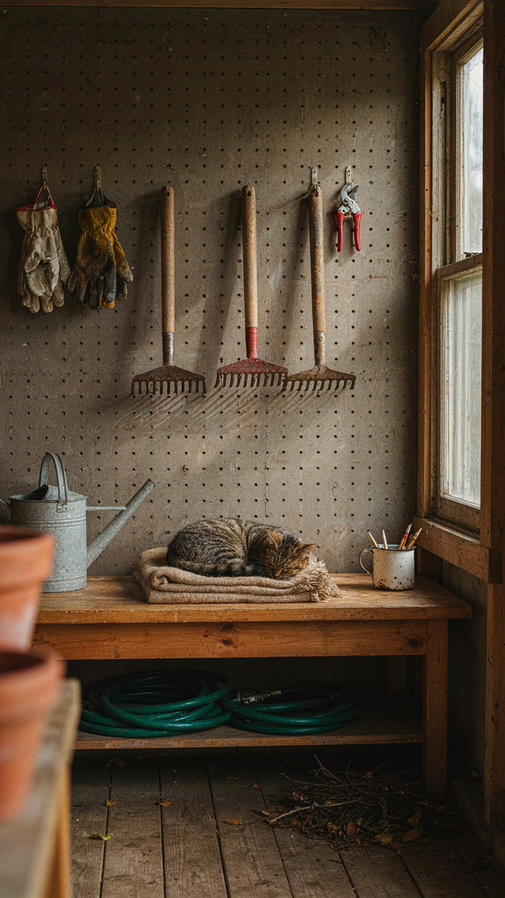 Gardening gloves, hand rakes, and pruners hanging neatly at eye level inside a shed.