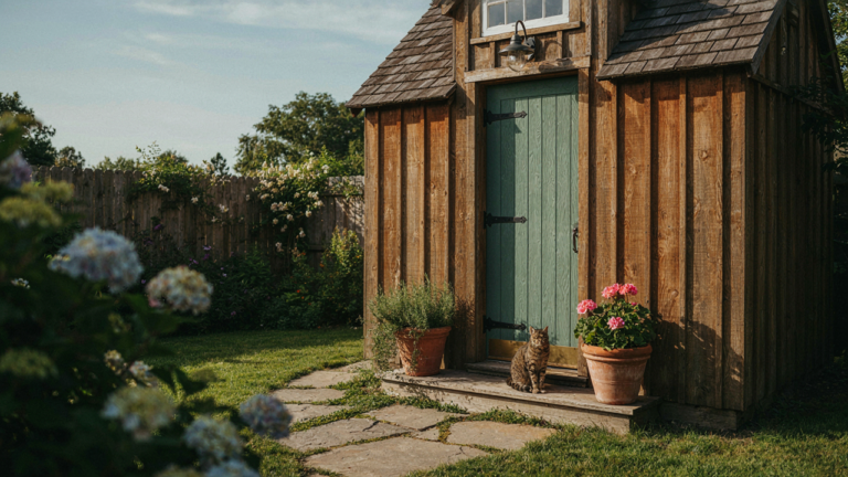 A charming wooden garden shed with a welcoming, custom-built door and potted plants.