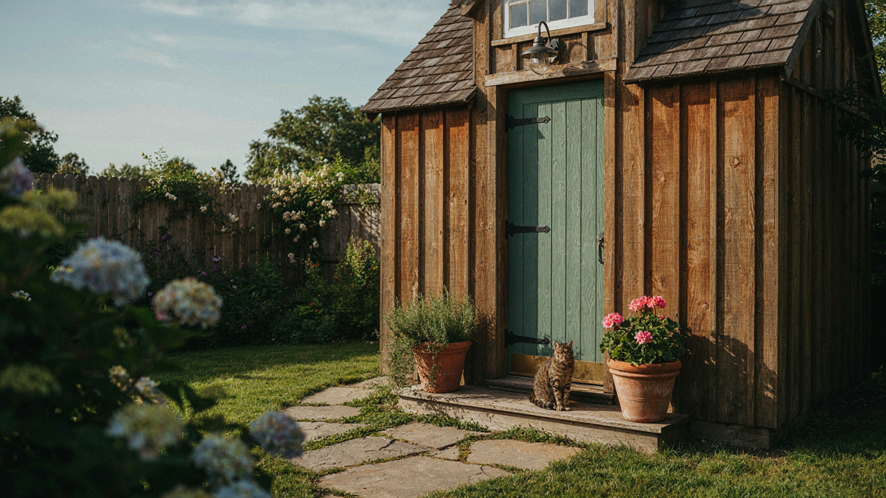 A charming wooden garden shed with a welcoming, custom-built door and potted plants.