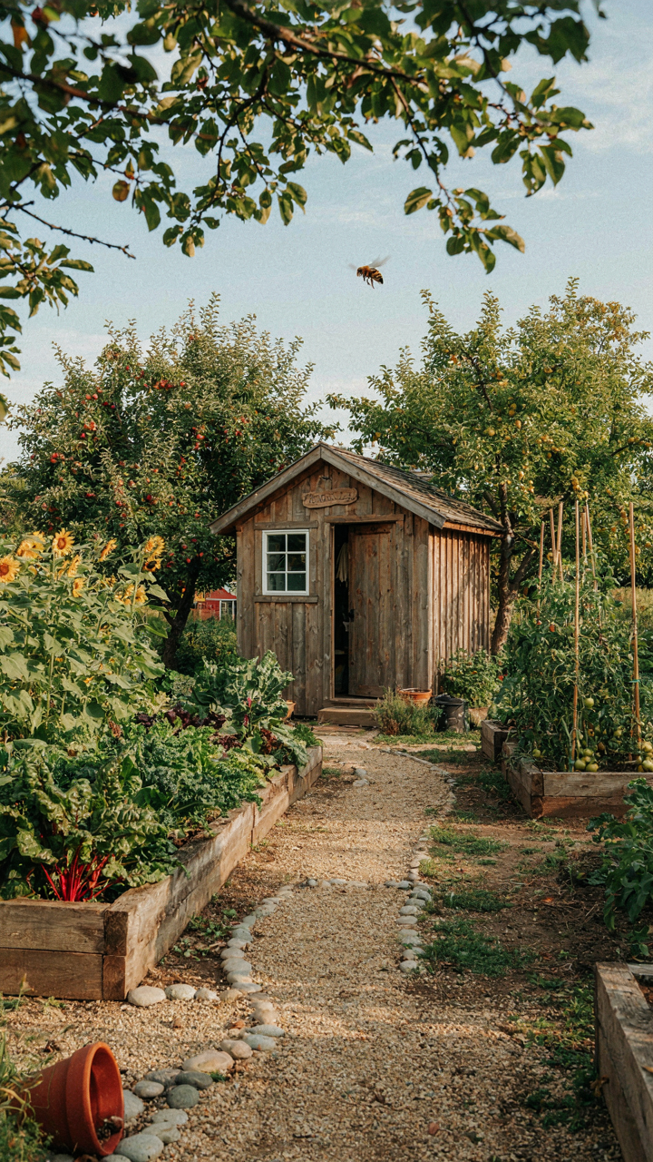 A functional she shed integrated into a vibrant permaculture garden.