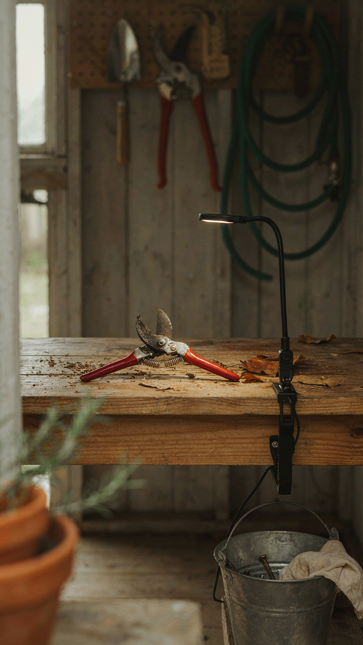 A focused LED task light illuminates gardening shears on a workbench in a shed.
