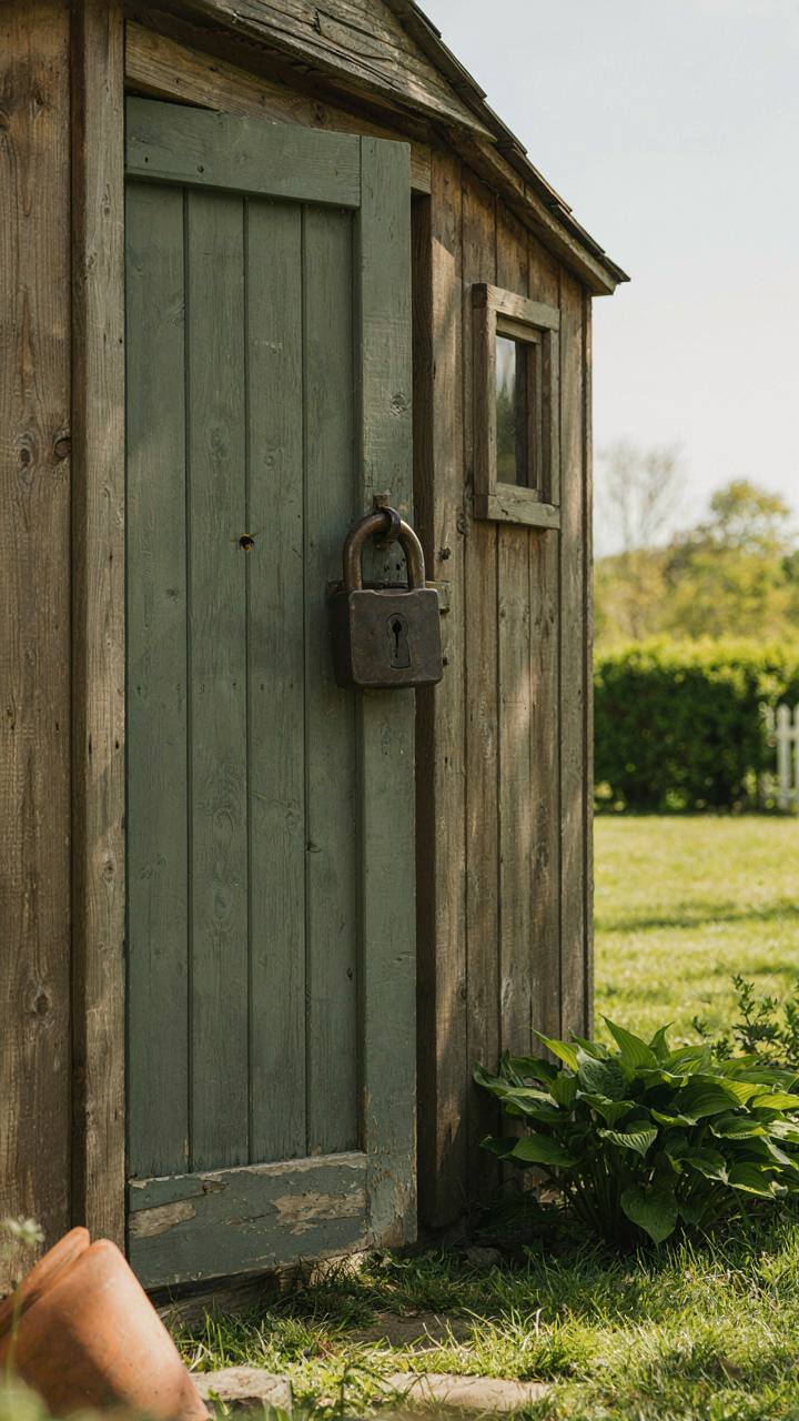 A heavy steel padlock secures the door of a garden shed.