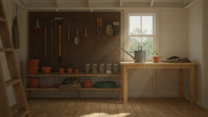 A well-organized garden shed interior with tools neatly arranged on walls and shelves.