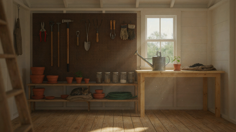 A well-organized garden shed interior with tools neatly arranged on walls and shelves.