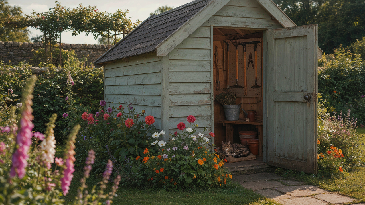 A charming garden shed with open doors, revealing neatly stored gardening tools and potted plants.