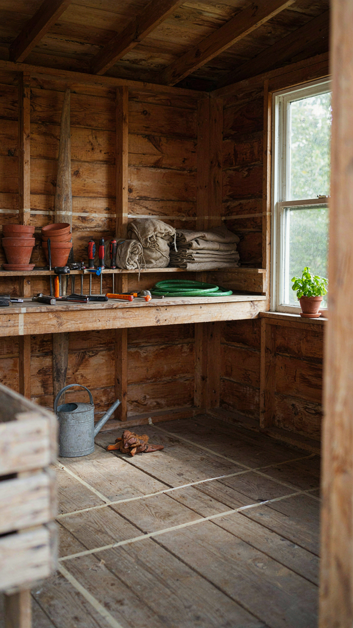 The interior of a garden shed with clear tape lines marking distinct storage zones.