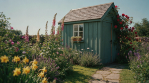 A beautiful garden shed in a sage green color, surrounded by colorful flowers and plants.