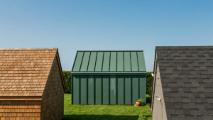 Many different garden shed roofs, including cedar, metal, and asphalt, under a clear sky.