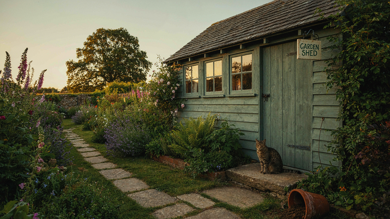A charming garden shed with many windows, glowing with light, in a green garden.