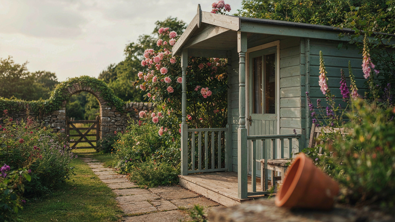 A charming garden shed with a cozy porch in a lush backyard, bathed in bright sunlight.