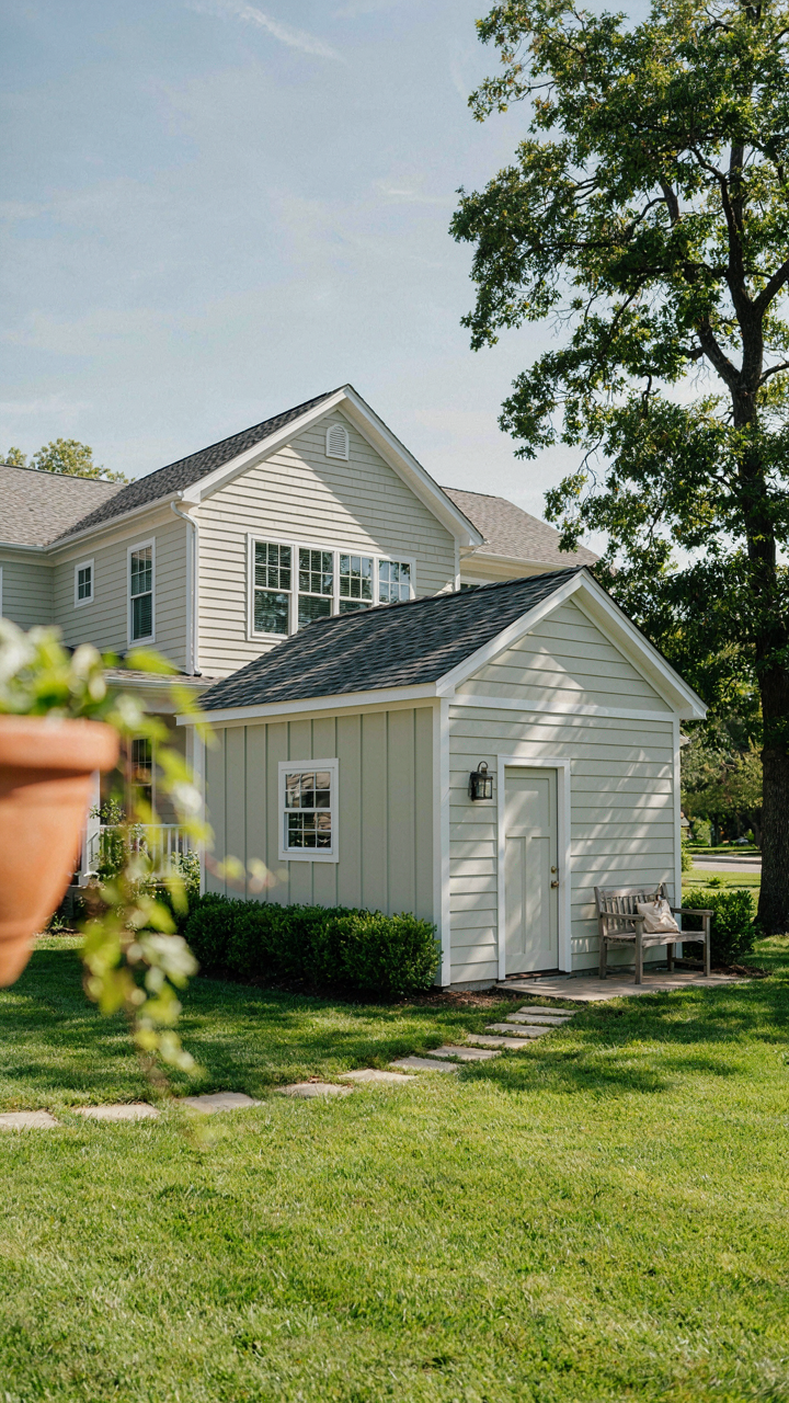 A she shed matches the main house with similar paint and trim colors.