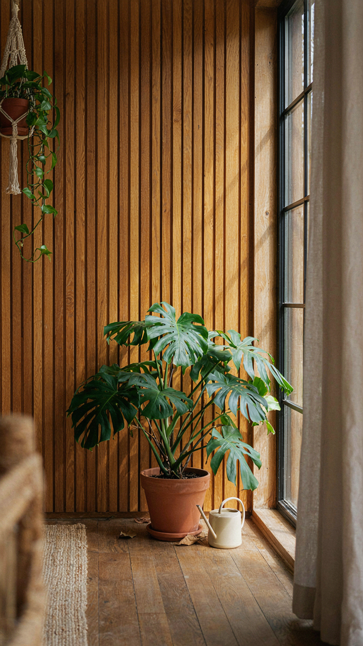 A large green plant next to a window in a serene garden studio.