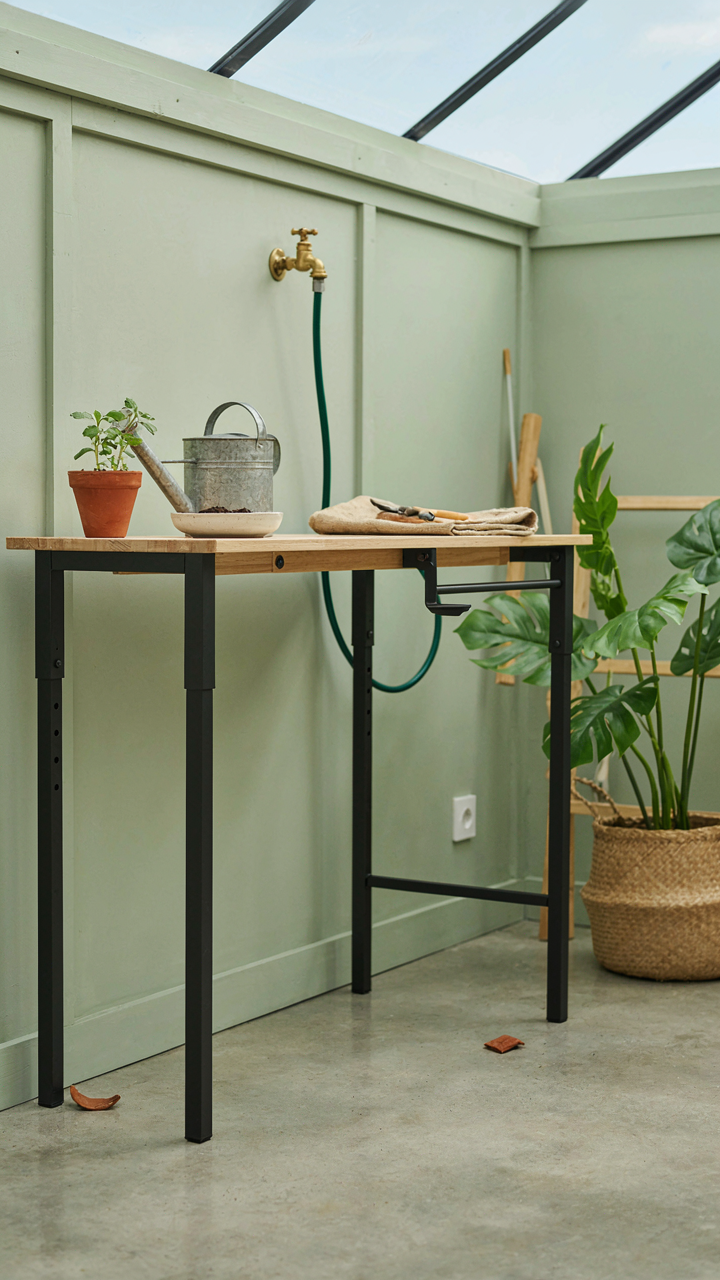 A modular potting bench with adjustable height, water faucet, and power outlet.